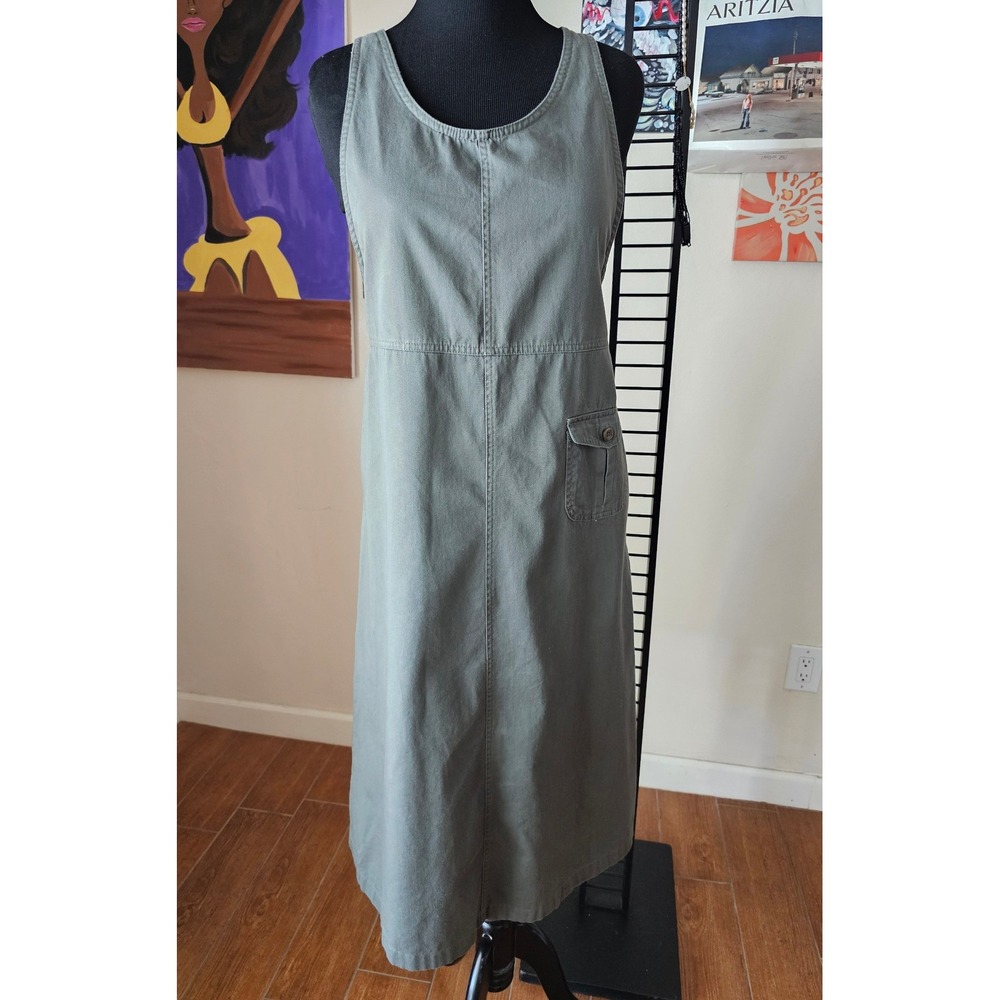 Blue J Womens Olive Green Cotton Twill Utility Jumper Midi Dress Large‎ Pocket L